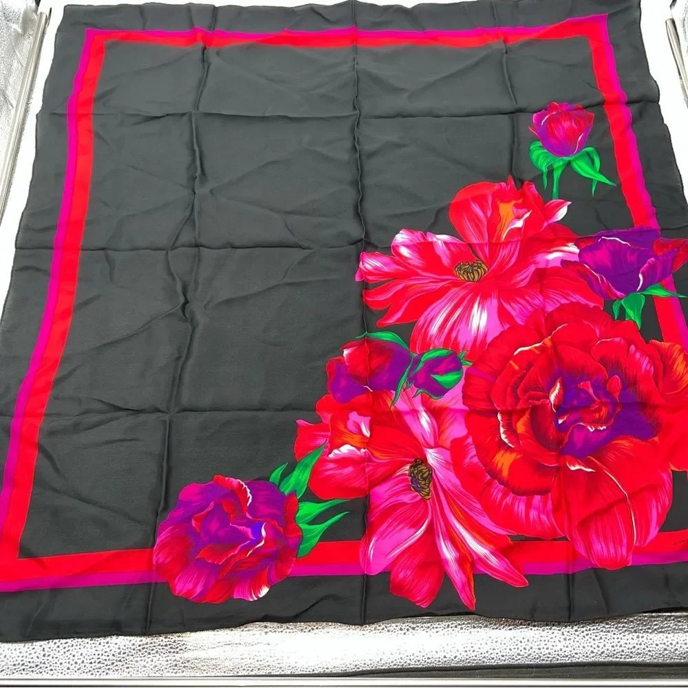Liz Claiborne Black, Red, Pink, Purple , Green Floral 100% Silk Large Scarf 36”